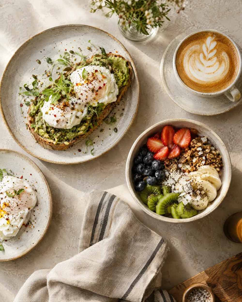Brunch-Tisch mit Avocado-Toast, Obst und Cappuccino