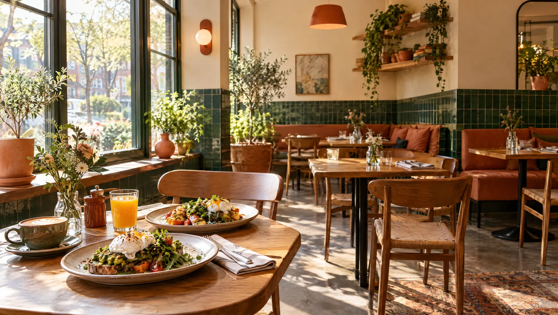 Gemütliches Café mit grünen Fliesen und Brunch-Tellern im Morgenlicht