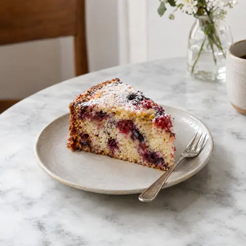 Stück Beerenkuchen auf Marmortisch