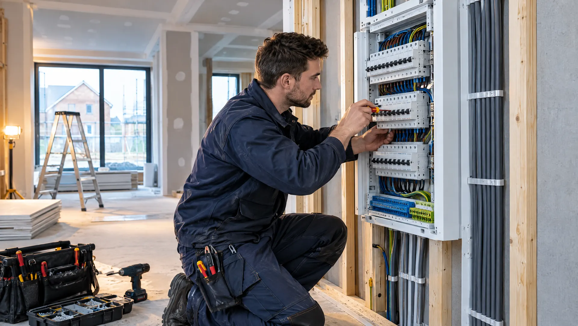 Elektriker montiert einen neuen Verteilerkasten