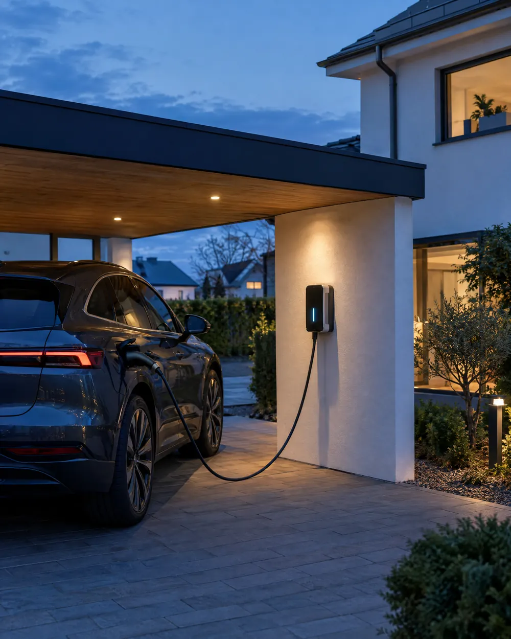 Wallbox am Carport eines Einfamilienhauses