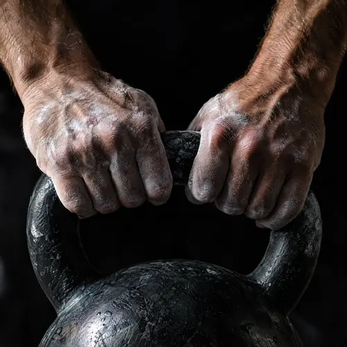 Hände mit Magnesia an einer Kettlebell