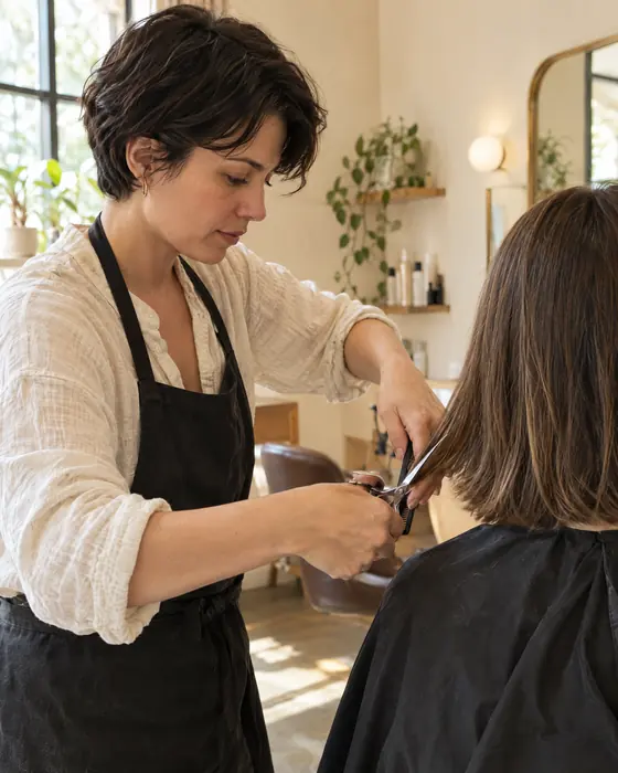 Stylistin schneidet die Haare einer Kundin