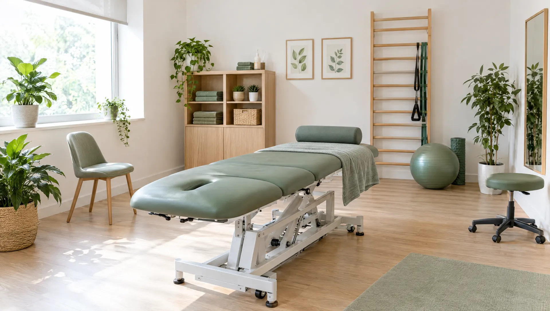 Heller Behandlungsraum mit Liege und Pflanzen