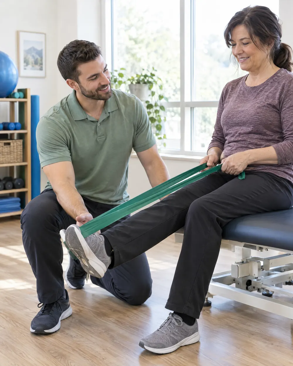 Therapeut übt mit einer Patientin mit dem Theraband
